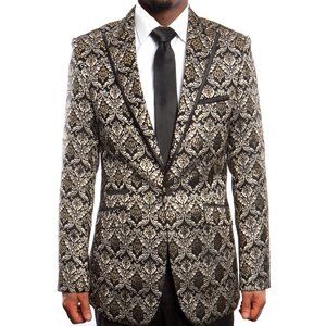 Golden Floral Damask Mens Suit Blazer Jacket w/ Black Trim